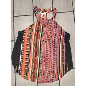 True Destiny Womens Halter Tank Top L Multi Color Tribal Geometric Sheer Sides